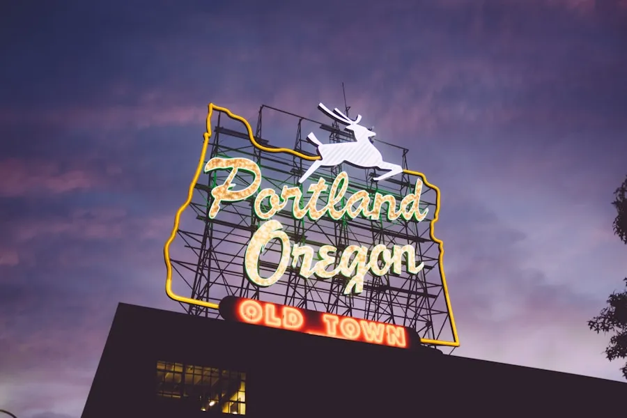 Scenic waterfront trail and skyline view in Portland, Oregon