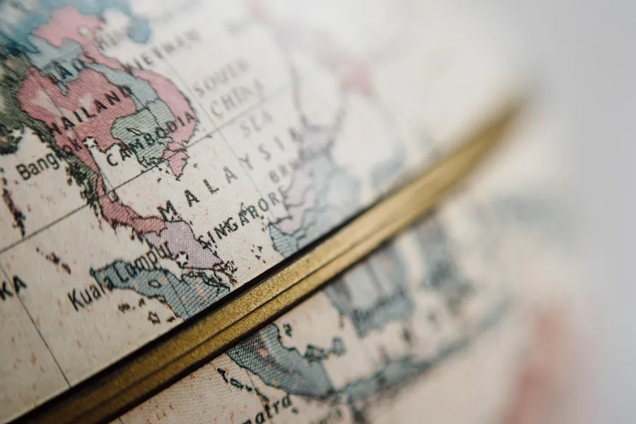 Close-up of a globe showing Malaysia, Singapore, and surrounding parts of Southeast Asia