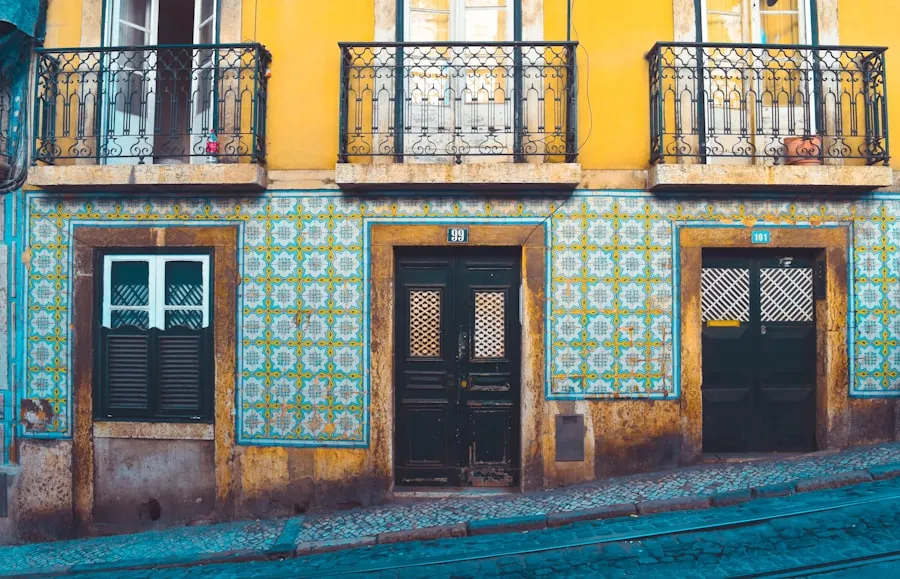 Colorful Portuguese building facade decorated with patterned ceramic tiles