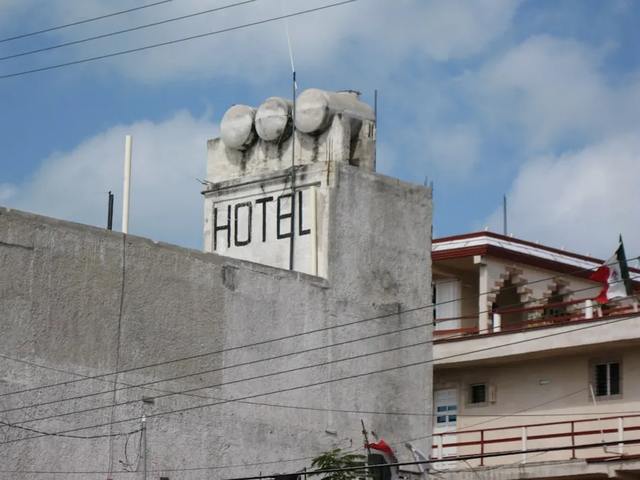 Hotel building with a rooftop HOTEL sign