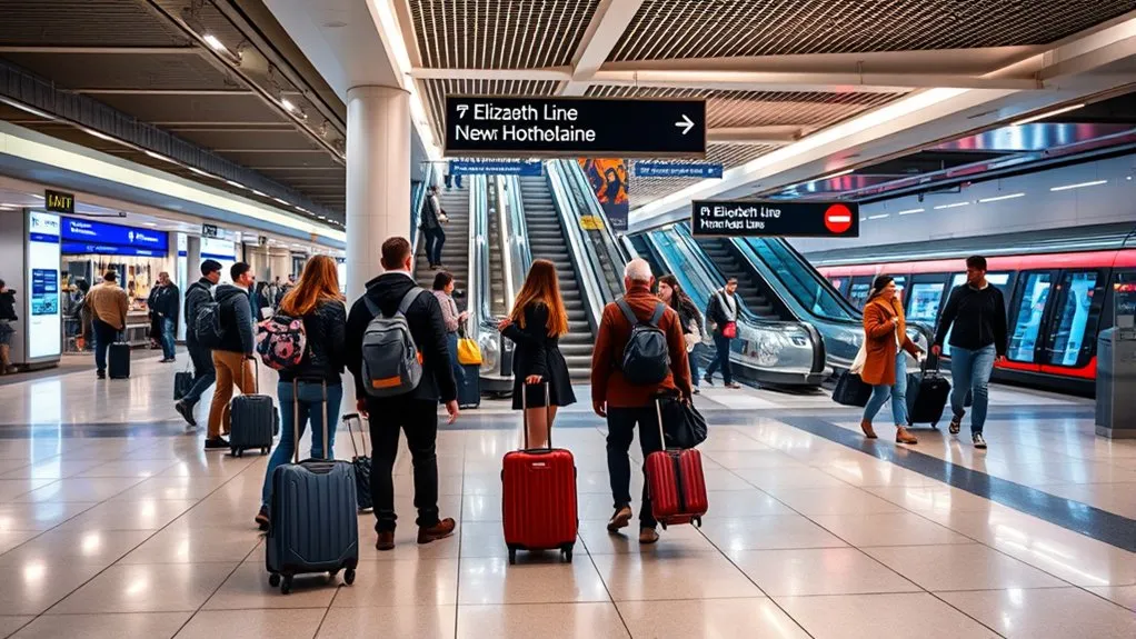 Passengers boarding an Elizabeth line train on a wide platform at Heathrow Airport