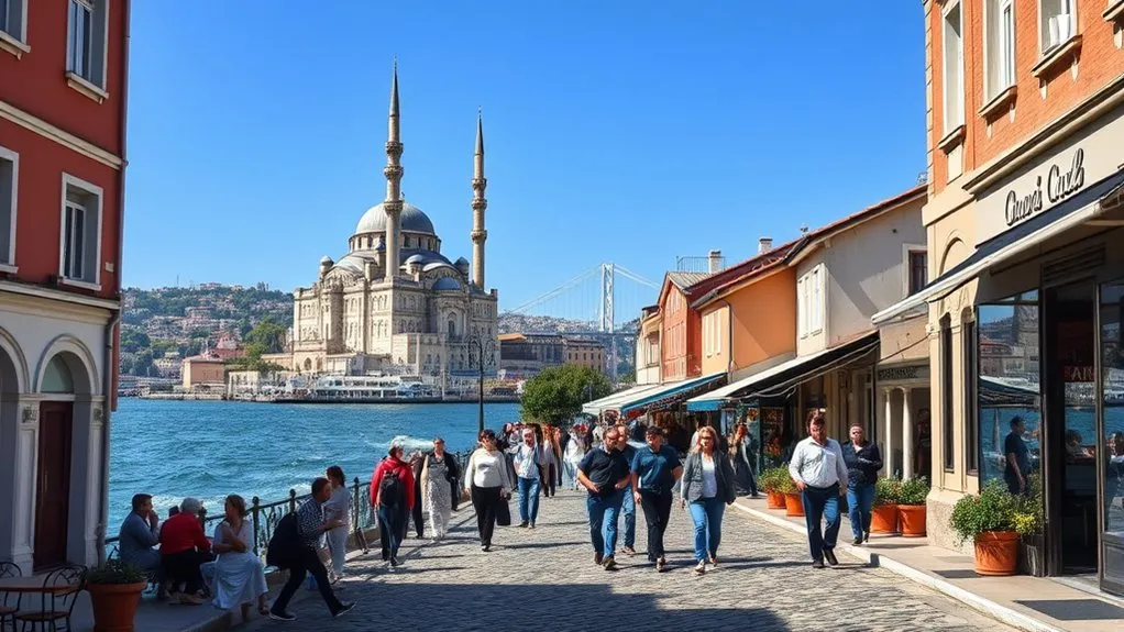 Ortaköy waterfront promenade at sunset beside the Bosphorus