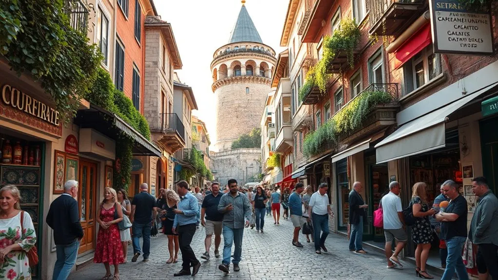 People from diverse backgrounds walking through a colorful Galata street