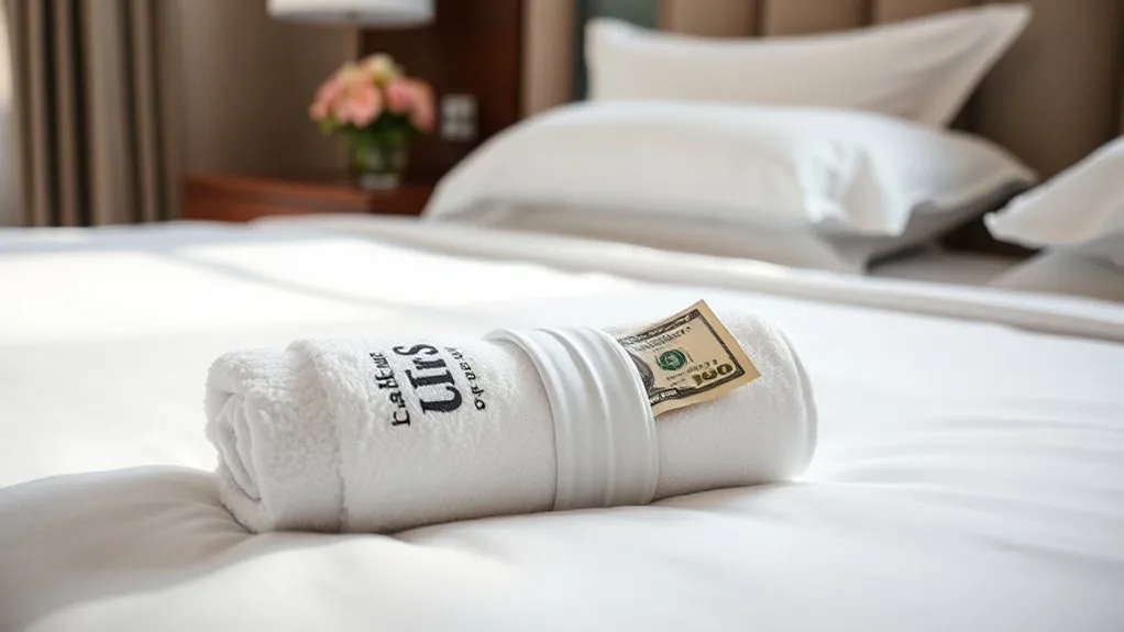 Hotel guest leaving cash tip in a marked envelope on a wooden hotel nightstand