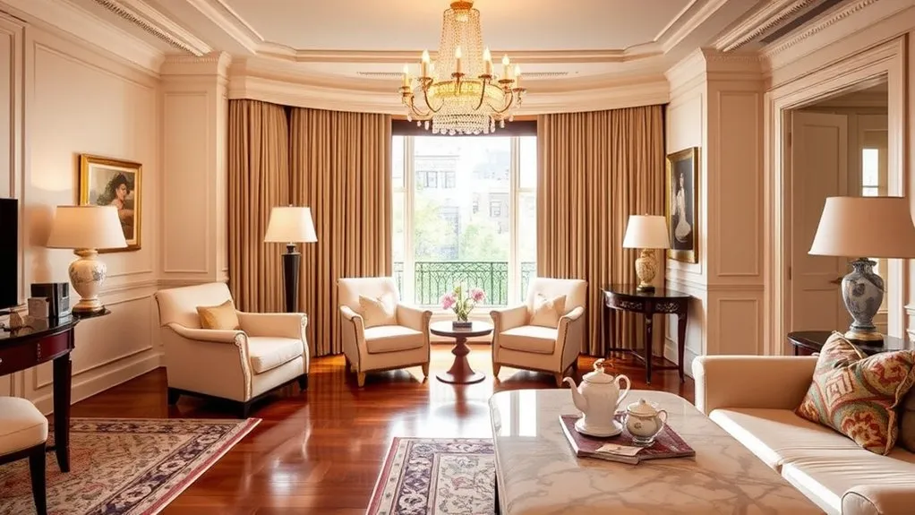 Elegant classic room at the Plaza Hotel with gold-accented décor and city view