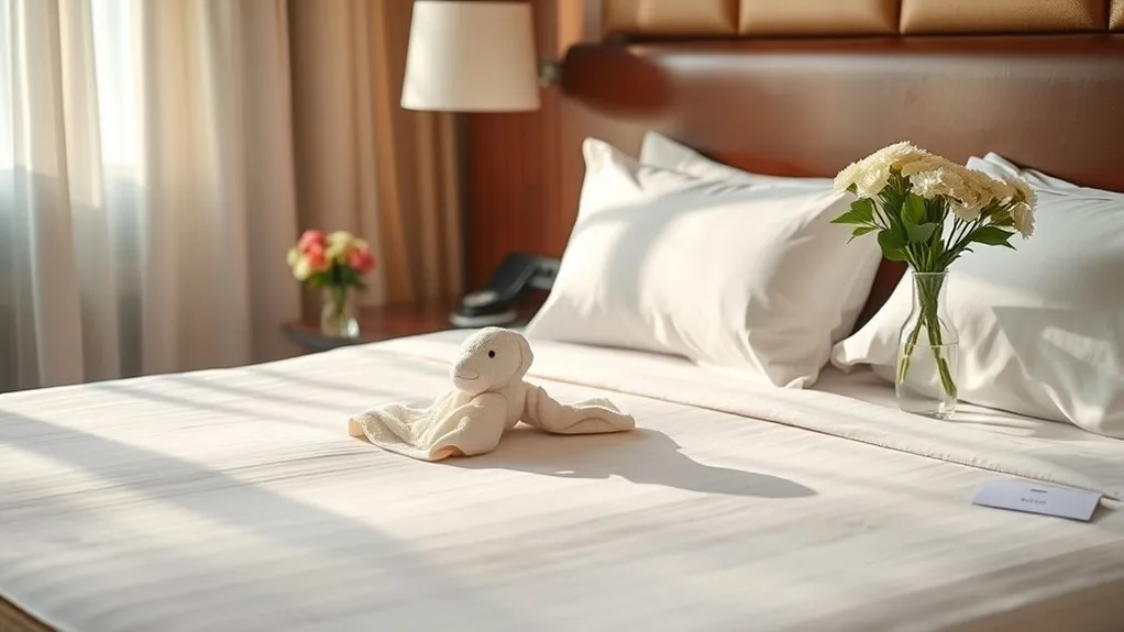 Hotel housekeeper making a bed with crisp clean white linens in a hotel room