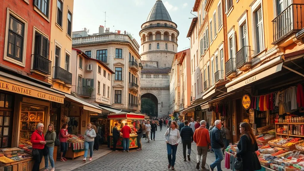 Busy streets of Galata with shops and pedestrians reflecting its trading heritage