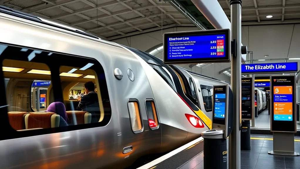 Ticket machines and contactless payment gates at an Elizabeth line station at Heathrow Airport