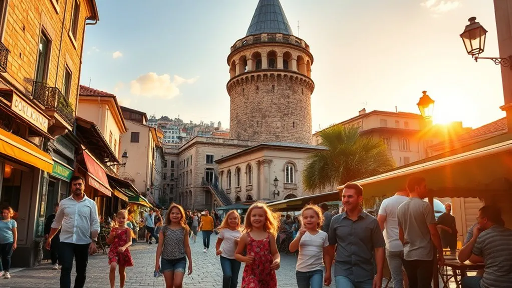 Galata Tower rising above the historic stone buildings of Beyoglu Istanbul