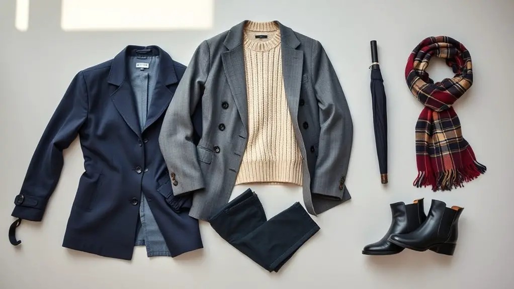 layered clothing and comfortable footwear