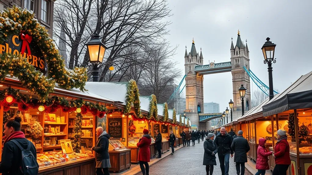 London in Winter Festive winter market stalls and lights in London