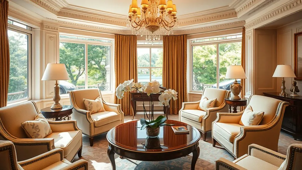 Opulent luxury suite interior at the Plaza Hotel with chandelier and Central Park view