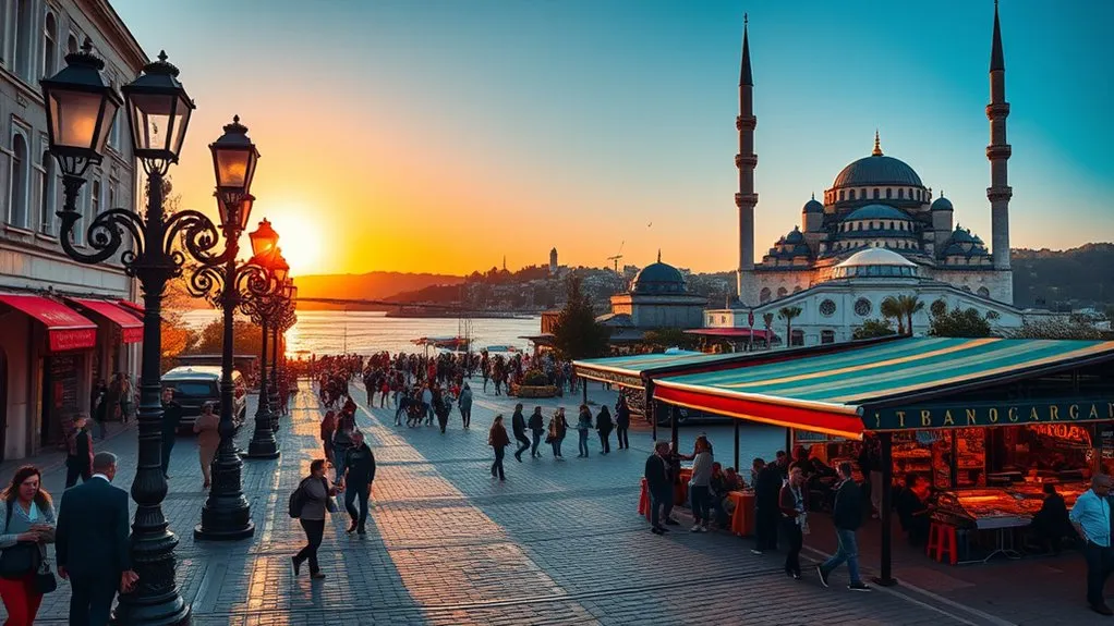 Ortaköy Square with market stalls, Büyük Mecidiye Mosque, and the Bosphorus