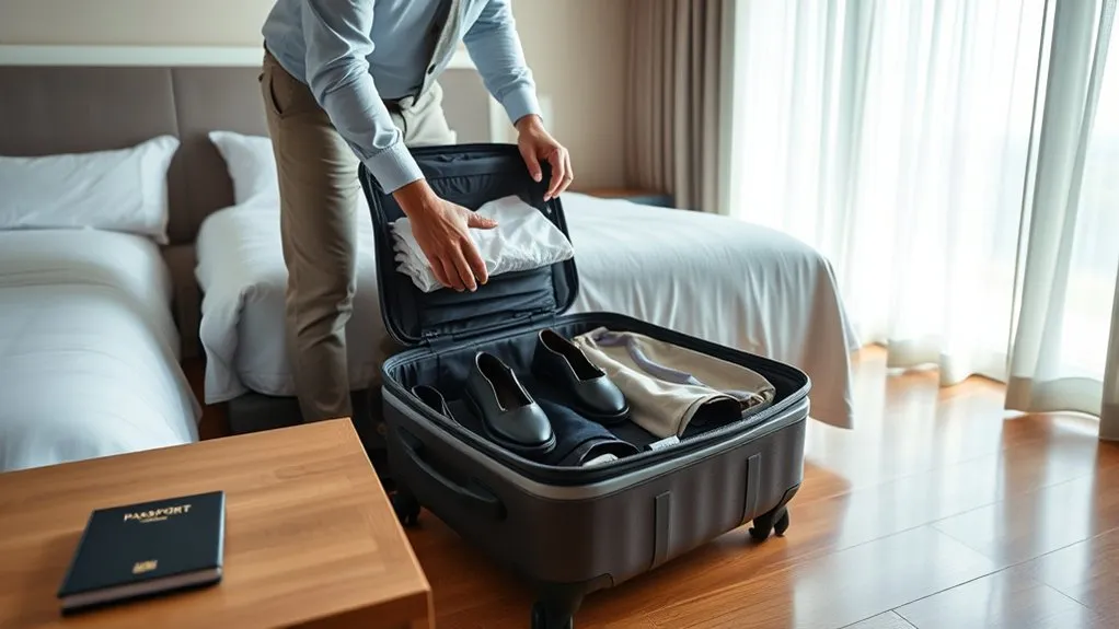 How to Check Out in a Hotel Traveler packing and checking a hotel room before leaving