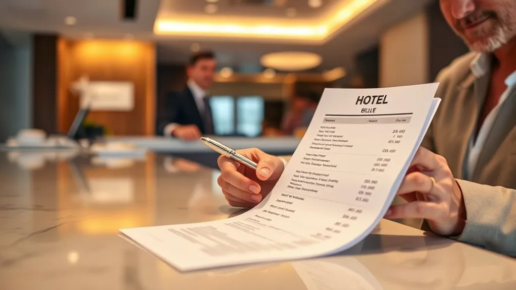 How to Check Out in a Hotel Guest reviewing an itemized hotel bill before checkout
