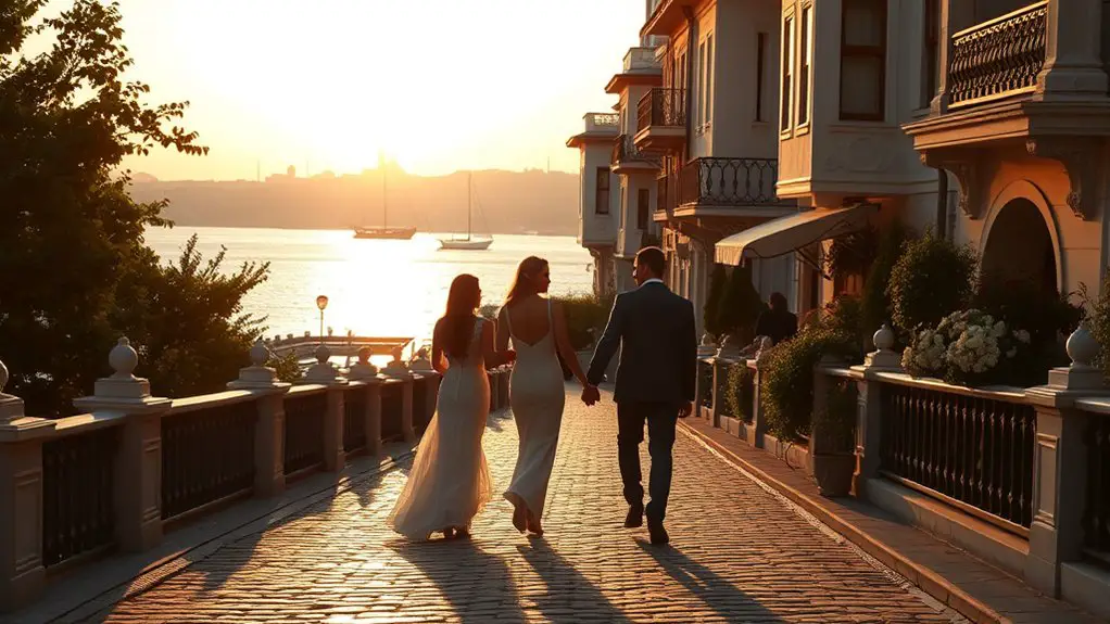 romantic stroll by waterfront