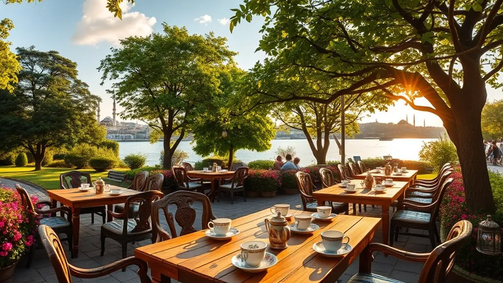 green waterfront tea setting near Dolmabahçe in Istanbul