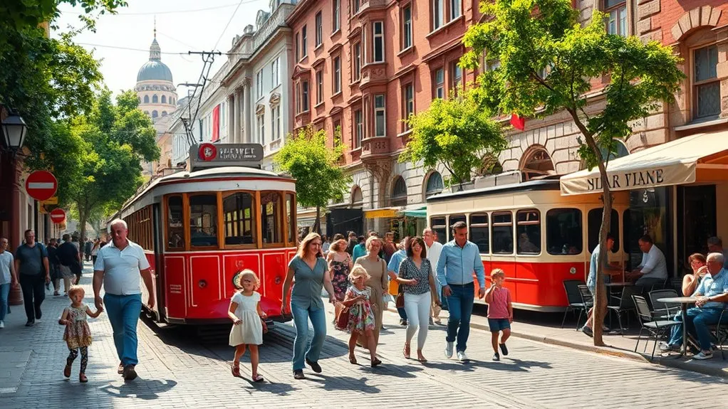 Pedestrian Istiklal Avenue with historic red tram and shoppers in Beyoglu Istanbul