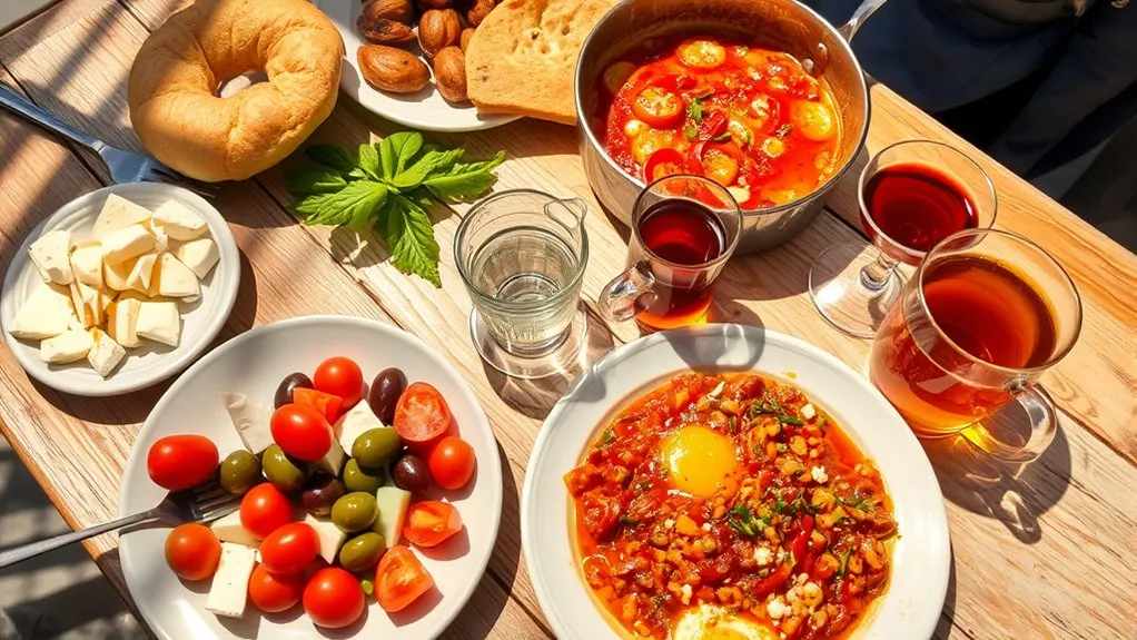 Traditional Turkish breakfast spread with bread, cheeses, olives, tomatoes and tea