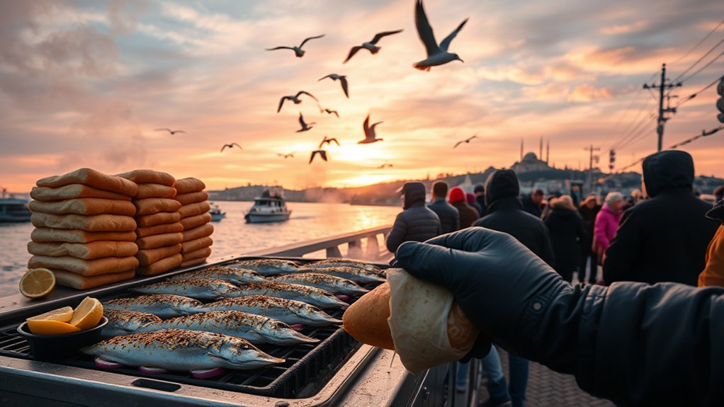 Balık ekmek being grilled and served beside Galata Bridge at Eminönü