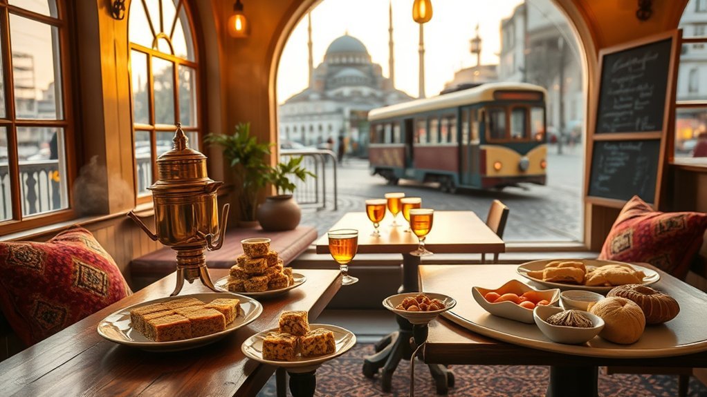 Small tea glasses and pastries at a cozy cafe near Hagia Sophia