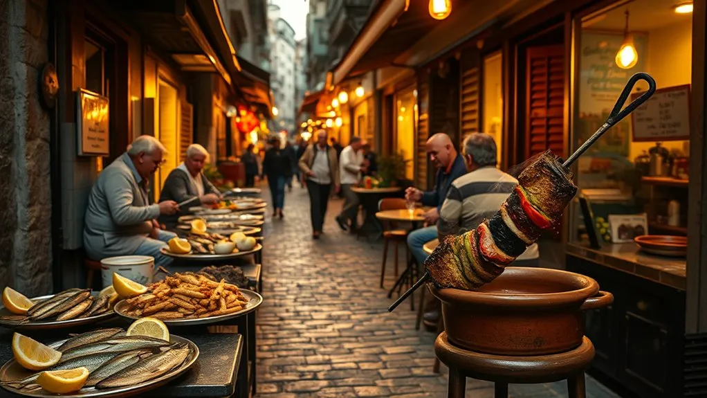 Casual Istanbul seafood plates and a clay-pot testi kebab brought to the table