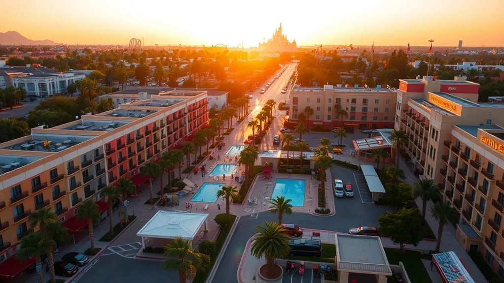 Affordable family hotel room with beds, breakfast, and pool amenities near Disneyland