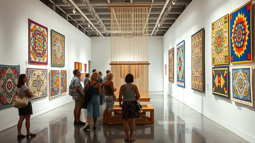 Art and textile exhibits showcasing fabric history and contemporary visual works