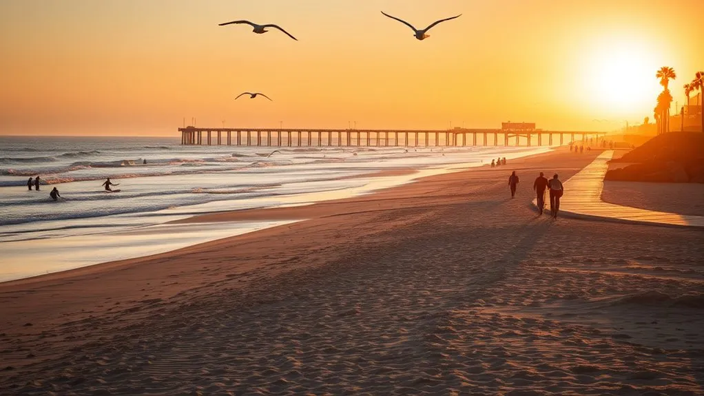 Visitors relaxing on the wide sandy shoreline of Huntington Beach