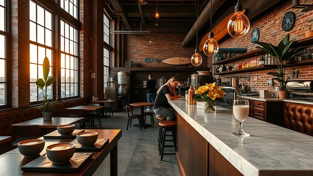Cozy Long Beach café with coffee and pastries on a rainy day