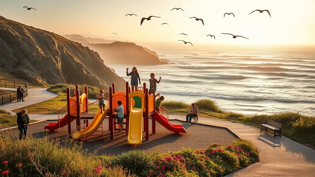 Best Pismo Beach Kids Activities Guide for Families Dinosaur Caves Park play structures and oceanfront grass lawns in Pismo Beach