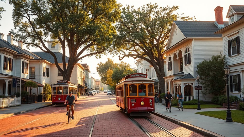 Historic buildings along a tree-lined street at History Park in San Jose