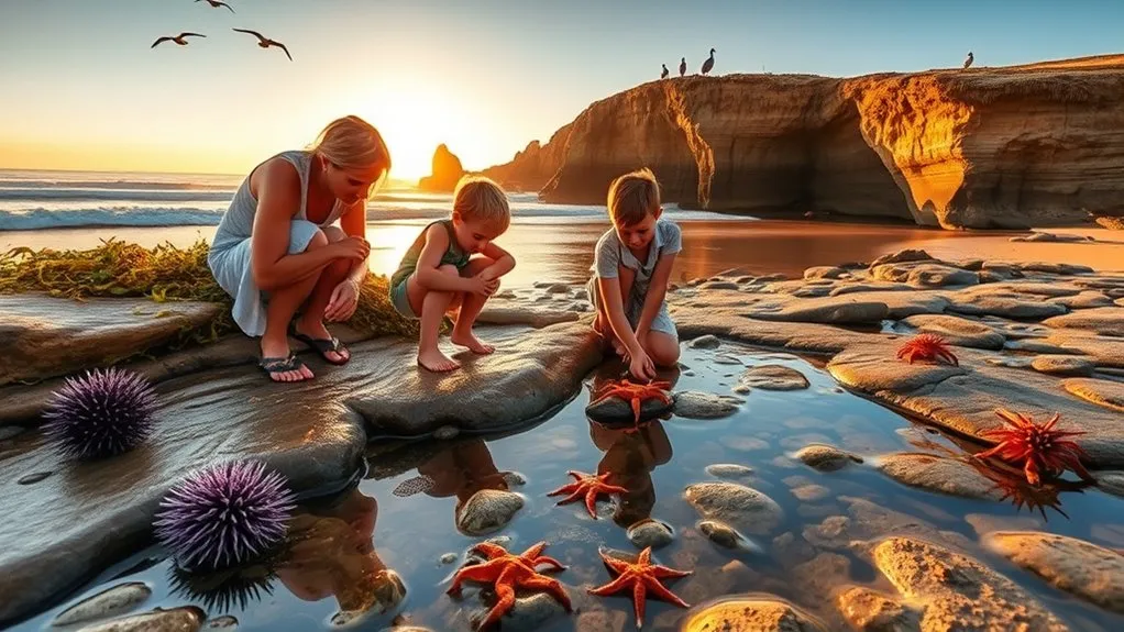 Best Pismo Beach Kids Activities Guide for Families Children carefully observing sea life in rocky coastal tidepools at Shell Beach