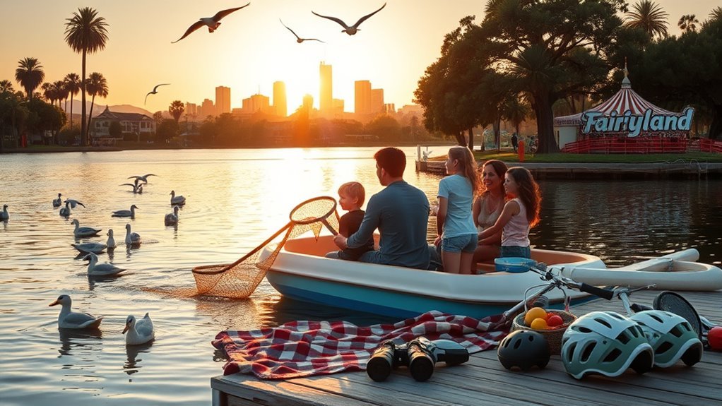 Family walking along a waterfront boardwalk with boats in the background