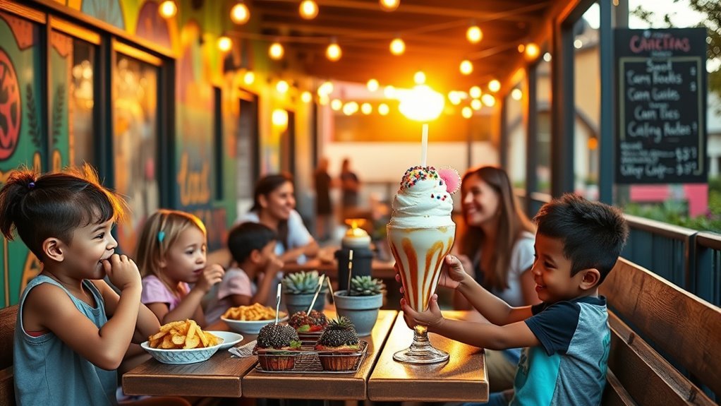Family eating a casual meal together at an outdoor restaurant table