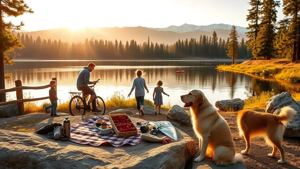 Family walking beside a lake on an outdoor day trip from Sacramento