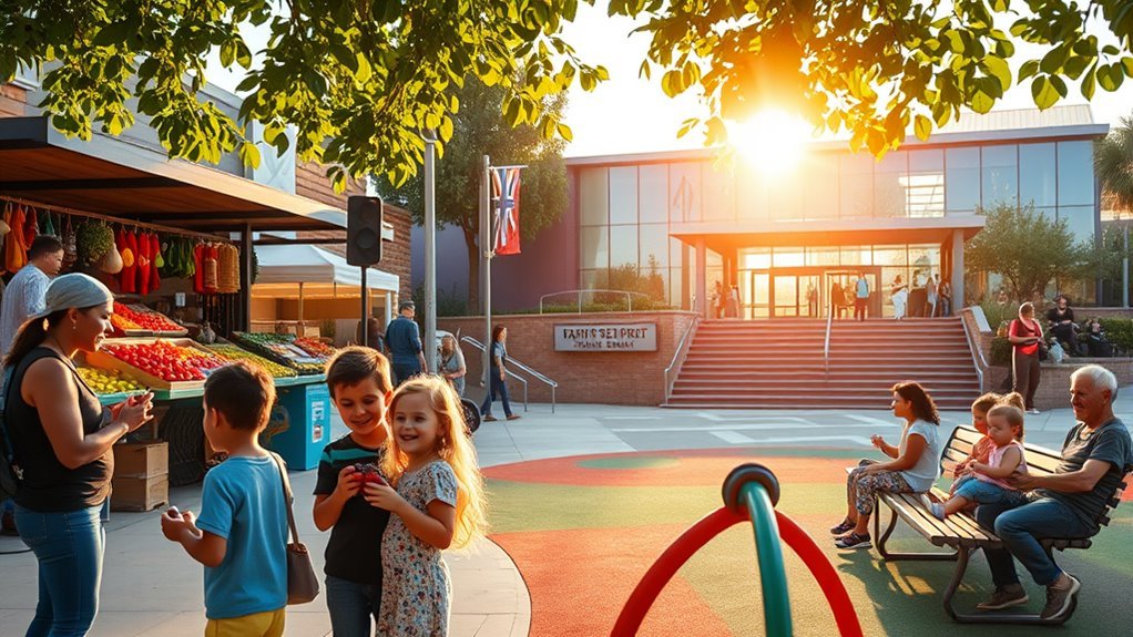 Children playing at a neighborhood playground with a splash fountain