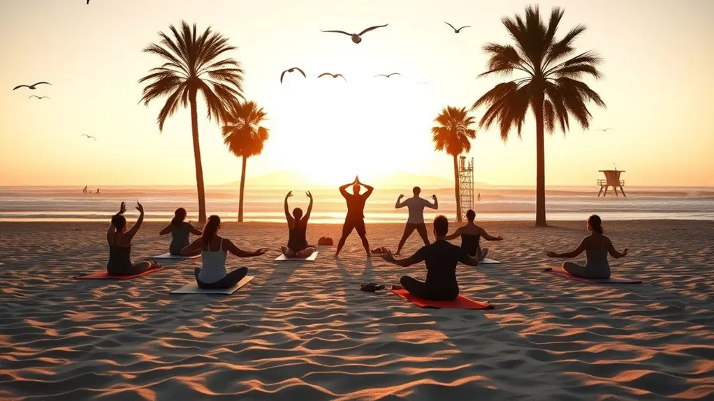 Outdoor free beach yoga class session in Huntington Beach