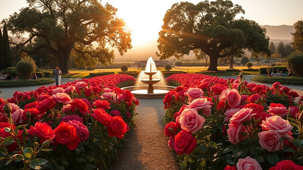 Visitor walking paths through the Municipal Rose Garden in San Jose