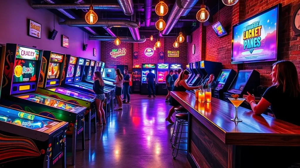 Arcade bar interior with classic gaming cabinets, shared food, and a lively social crowd