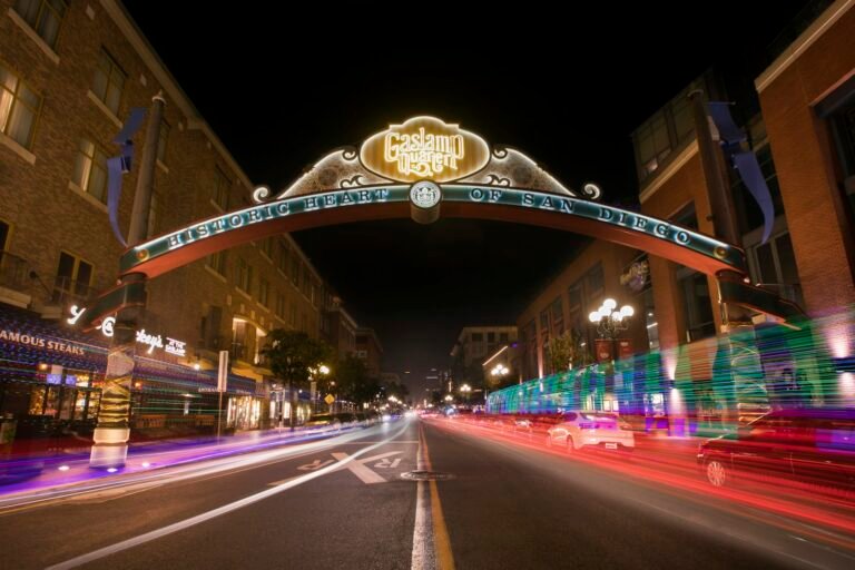 Gaslamp Quarter sign and street at night in San Diego