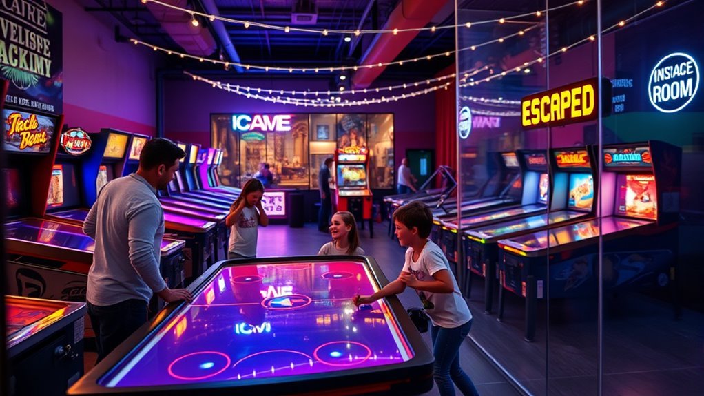 Family playing arcade and interactive indoor games in Long Beach