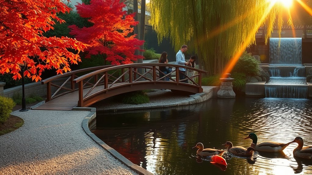 Arched bridge over a pond in the Japanese Friendship Garden in San Jose
