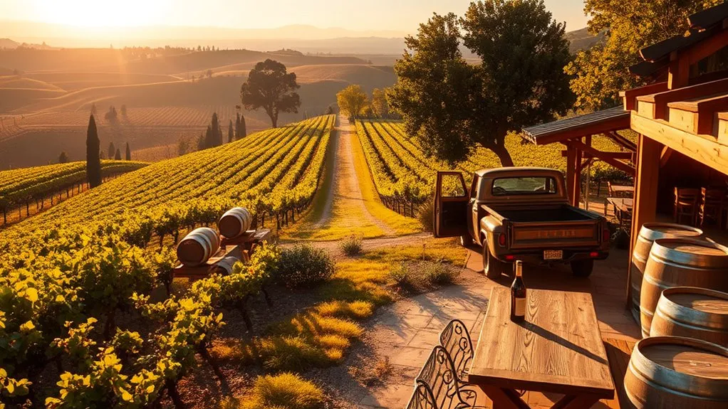 Vineyard rows and tasting room in Napa or Sonoma wine country