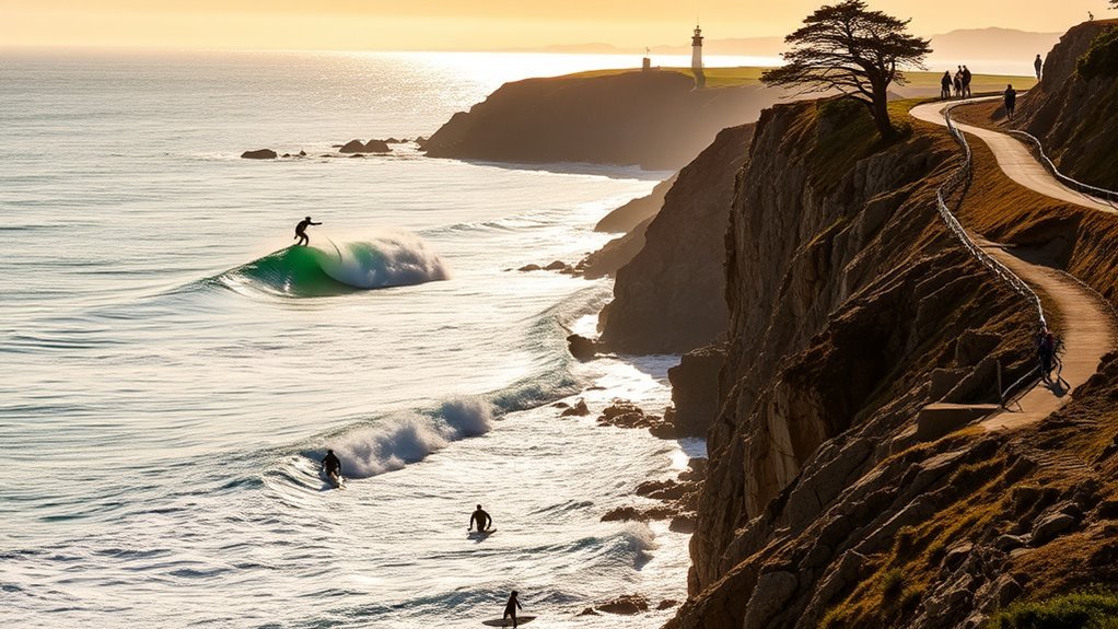 25 Best Things to Do in Santa Cruz, California Oceanfront path along West Cliff Drive with surfers below