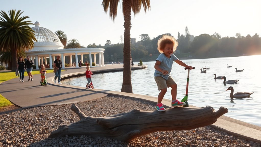 Families picnicking and playing at a lakeside park with a play structure in Oakland