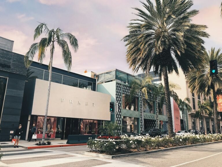 Palm trees lining a street with modern buildings in Los Angeles