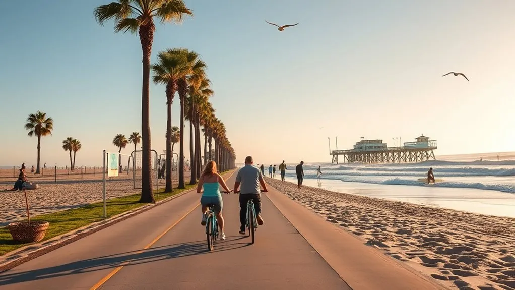 Cyclists riding along the Oceanfront Strand bike path in Huntington Beach