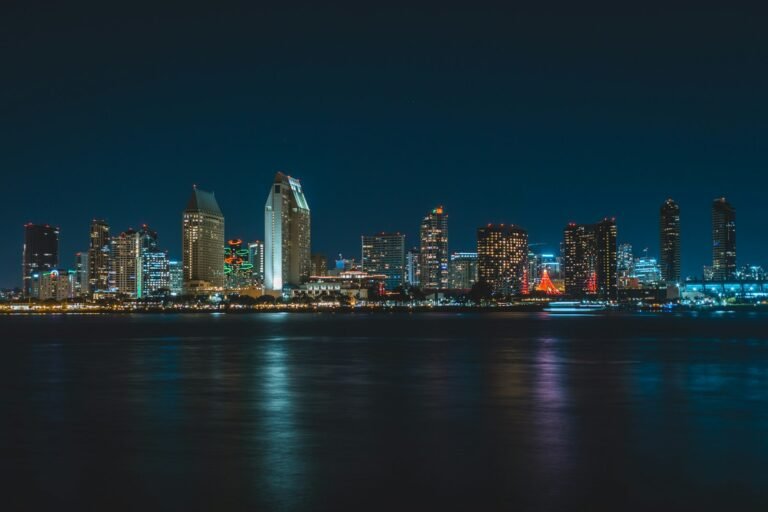 San Diego skyline reflected in the bay at night
