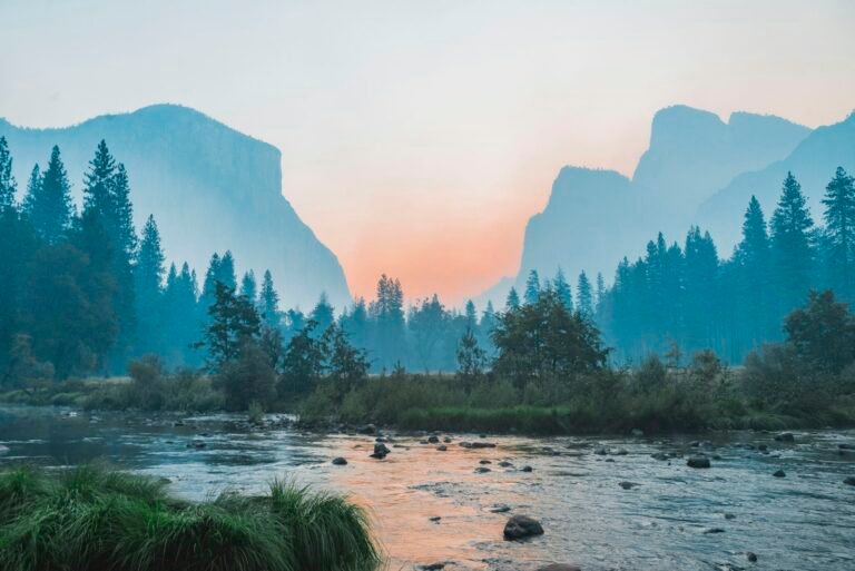 Yosemite Valley river and granite cliffs at sunset, California